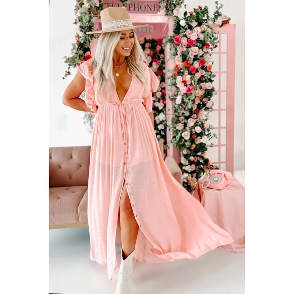 Peach Love Pink Peach Deep V Button Front Maxi Dress - Picture 9 of 10